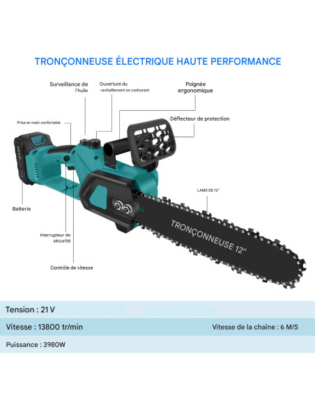 Tronçonneuse sans fil 3980W, lame 12", double batterie 21V, avec mallette
