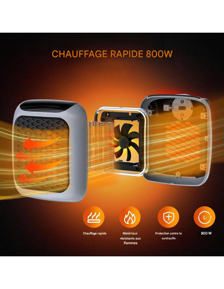 Mini radiateur électrique portable 800W avec écran LED et minuterie réglable