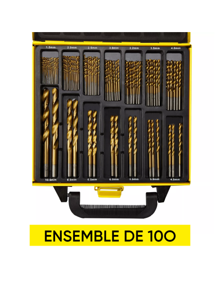 Ensemble de 100 forets en acier antirouille de 1,5 à 10 mm avec mallette