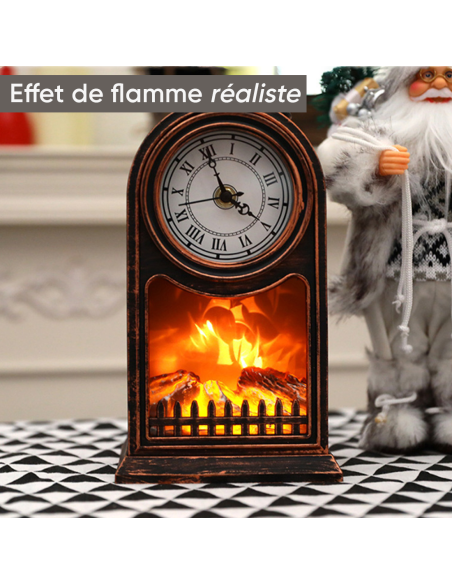 Horloge Décorative de Table Vintage avec Foyer à Piles et Effet Flamme