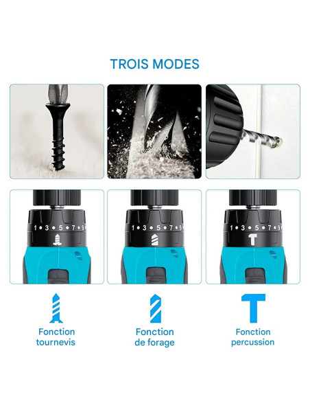 Perceuse-visseuse sans fil 12V avec double batterie rechargeable et lumière LED