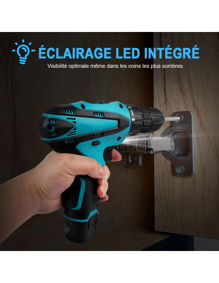Perceuse-visseuse sans fil 12V avec double batterie rechargeable et lumière LED