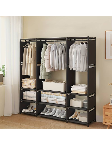Armoire Garde-robe en Tissu Étagère Camping 9 Étagères Barres de Penderie