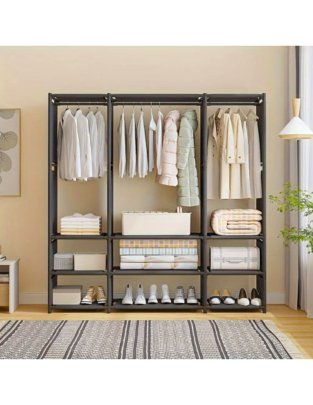 Armoire Garde-robe en Tissu Étagère Camping 9 Étagères Barres de Penderie