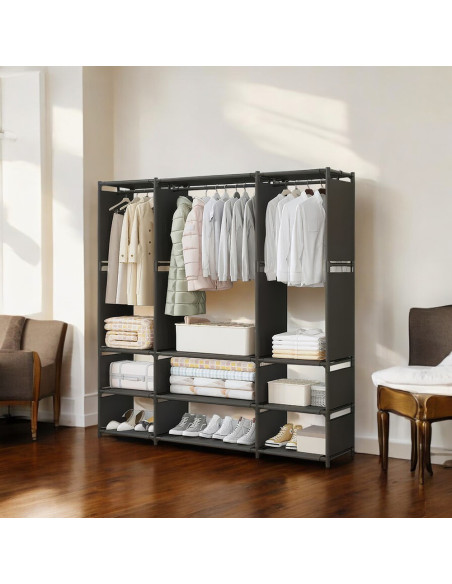 Armoire Garde-robe en Tissu Étagère Camping 9 Étagères Barres de Penderie