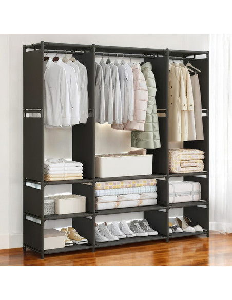 Armoire Garde-robe en Tissu Étagère Camping 9 Étagères Barres de Penderie