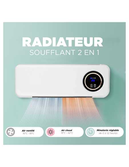 Radiateur soufflant mural 2000W avec télécommande, écran LCD et minuterie