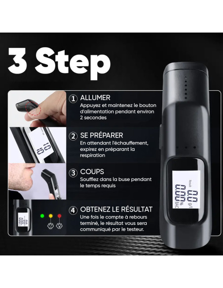 Éthylomètre rechargeable à haute sensibilité avec affichage numérique.