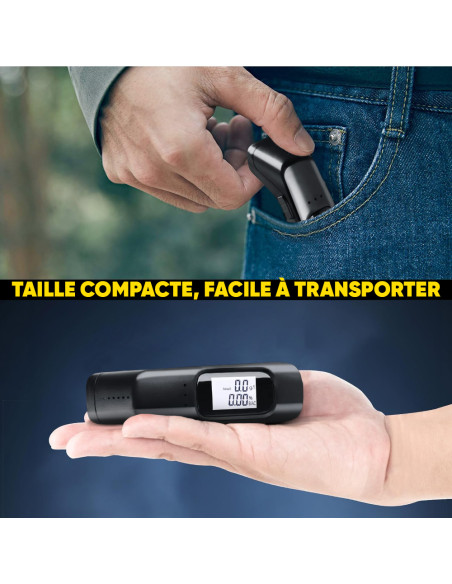 Éthylomètre rechargeable à haute sensibilité avec affichage numérique.