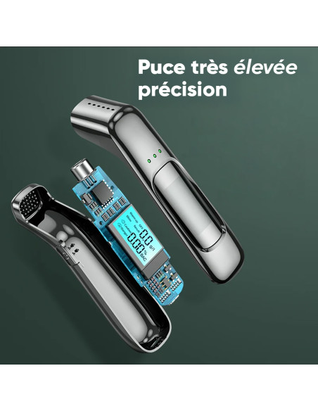 Éthylomètre rechargeable à haute sensibilité avec affichage numérique.