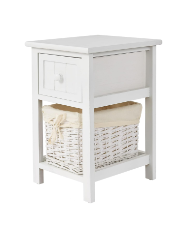 Table de chevet blanche Shabby Chic avec tiroir et panier en osier