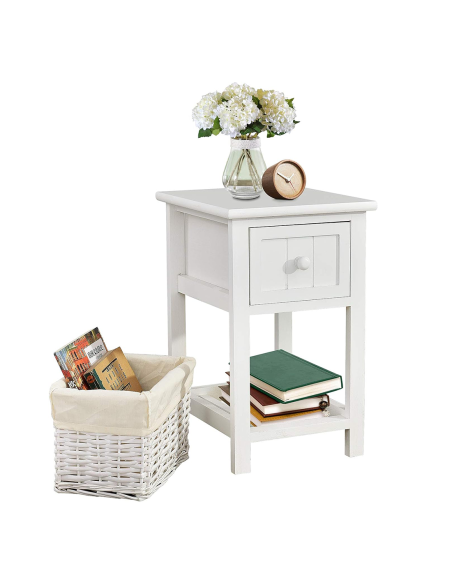 Table de chevet blanche Shabby Chic avec tiroir et panier en osier