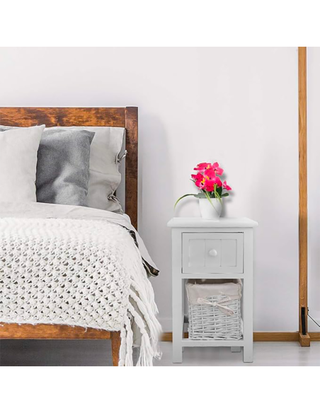 Commode en bois blanc shabby chic avec tiroir et panier en osier amovible