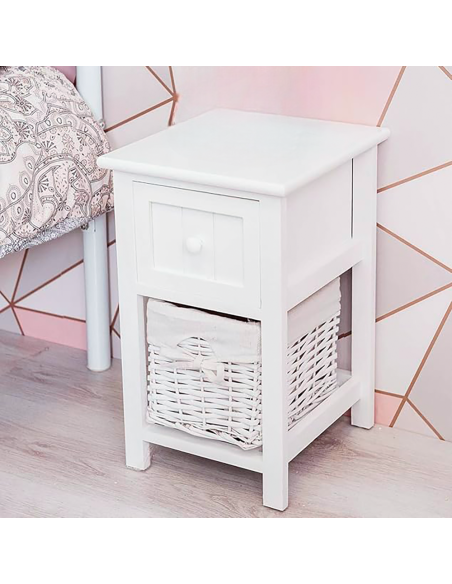 Commode en bois blanc shabby chic avec tiroir et panier en osier amovible