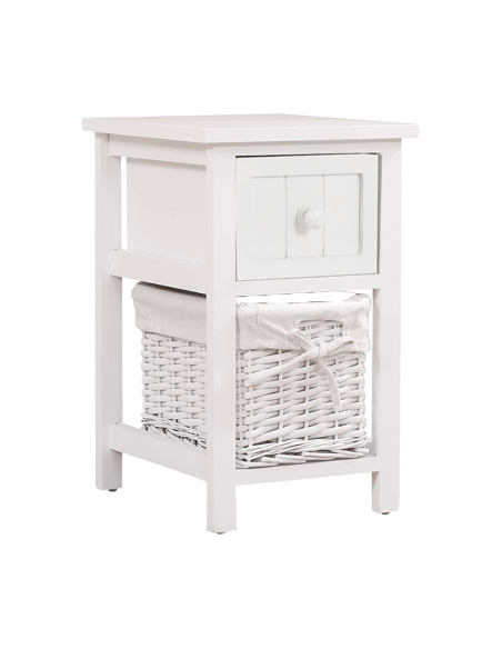 Commode en bois blanc shabby chic avec tiroir et panier en osier amovible
