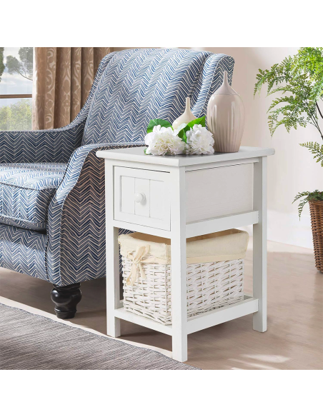 Commode en bois blanc shabby chic avec tiroir et panier en osier amovible