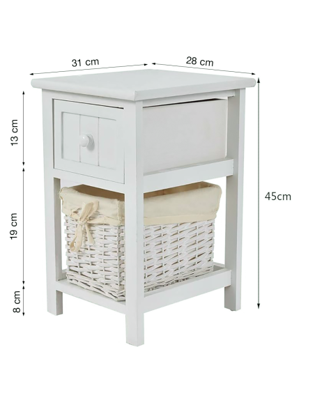 Commode en bois blanc shabby chic avec tiroir et panier en osier amovible