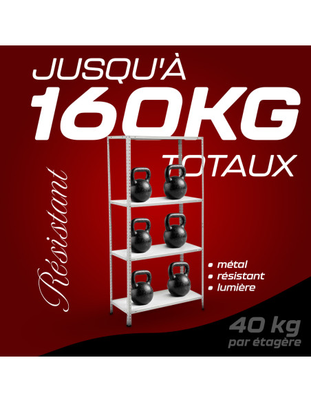 Étagère 4 niveaux Métal BLANC, étagères MDF Modulaires, capacité 160K