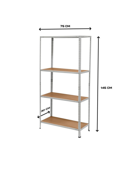 Étagère 4 Niveaux Métal MDF 145x75x30 Capacité 160Kg Modulaire