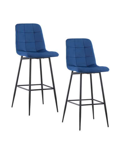 Lot 2 tabourets velours VELVETTE, structure noire, dossier et repose-pieds Bleu
