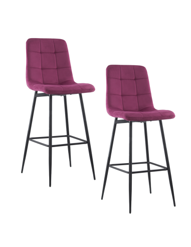 Lot 2 tabourets velours VELVETTE, structure noire, dossier et repose-pieds Bordeaux