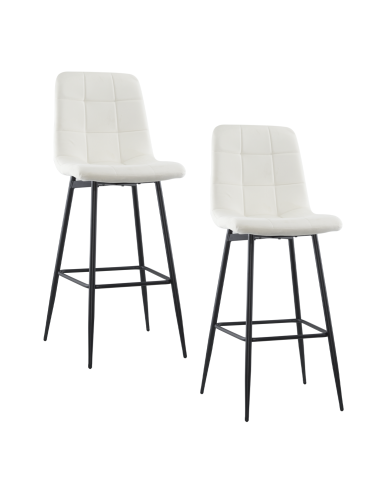 Lot 2 tabourets velours VELVETTE, structure noire, dossier et repose-pieds Crème