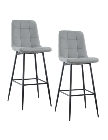 Lot 2 tabourets velours VELVETTE, structure noire, dossier et repose-pieds Gris