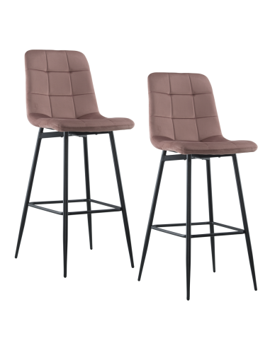Lot 2 tabourets velours VELVETTE, structure noire, dossier et repose-pieds rose ancienne