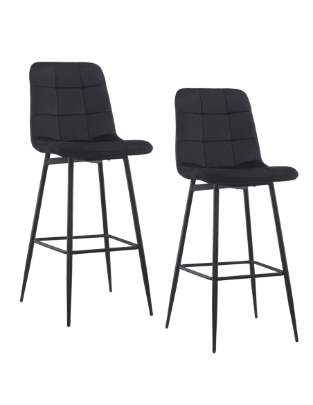 Lot 2 tabourets velours VELVETTE, structure noire, dossier et repose-pieds