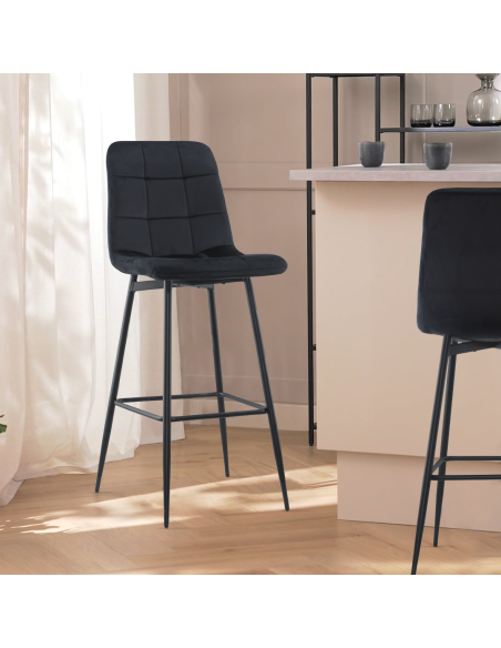 Lot 2 tabourets velours VELVETTE, structure noire, dossier et repose-pieds
