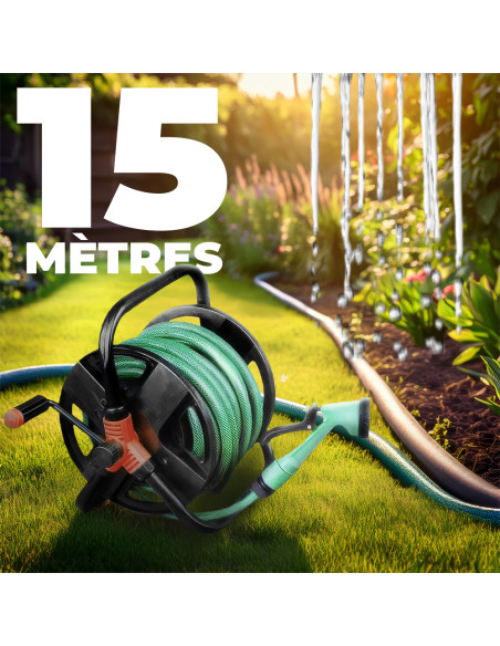 Enrouleur de Tuyau d'Arrosage Manuel 15m avec Pistolet à 5 Jets