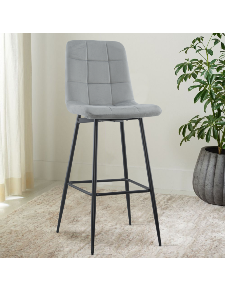 Set 4 tabourets velours VELVETTE, dossier, repose-pieds, pied noir