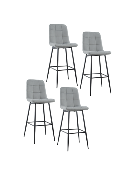 Set 4 tabourets velours VELVETTE, dossier, repose-pieds, pied noir