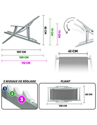 2 Chaises Longues Pliantes Napoli, Accoudoirs,...