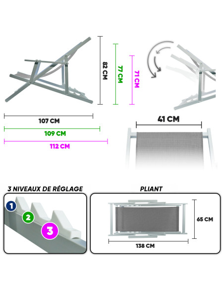 2 Chaises Longues Pliantes Napoli, Accoudoirs, Alu et Textilène