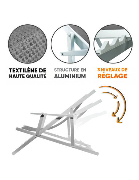 2 Chaises Longues Pliantes Napoli, Accoudoirs, Alu et Textilène