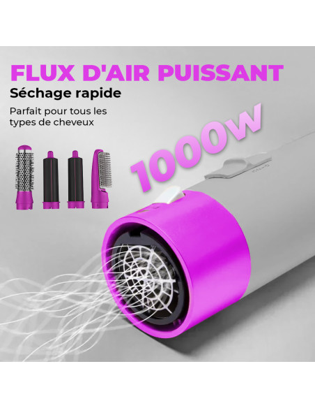 Asciugacapelli 5 en 1 avec coffret 1000W 5 accessoires brosse et fer à friser