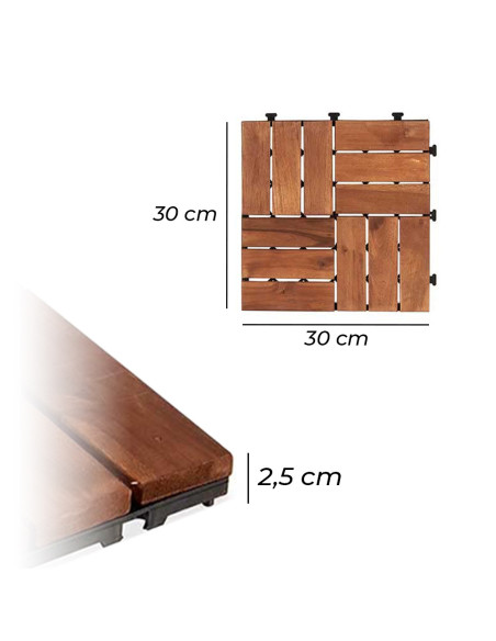 Pack 6 carreaux en bois d'acacia effet bois revêtement extérieur 30x30x2.5 cm