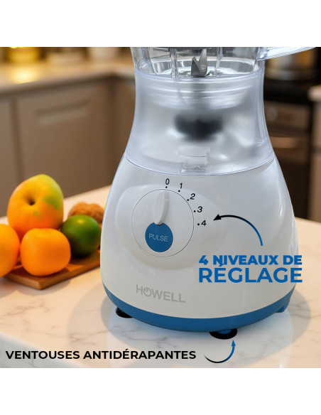 Mixeur avec Verseuse HOWELL 350W Capacité 1.5L 4 Vitesses et Lames en Acier
