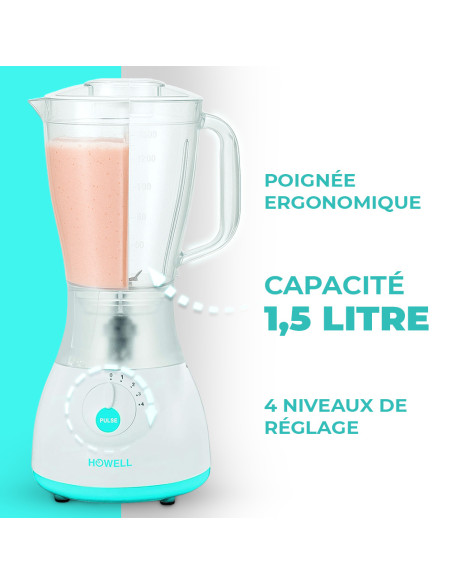 Mixeur avec Verseuse HOWELL 350W Capacité 1.5L 4 Vitesses et Lames en Acier
