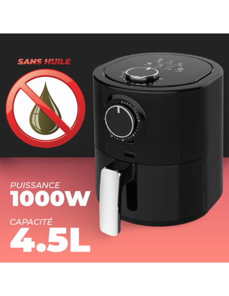 Friteuse à Air 1000W Capacité 4.5L avec Panier Température Réglable