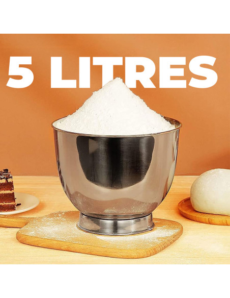 Robot Pâtissier Planétaire 600W, Bol 5L, Batteur avec Accessoires.