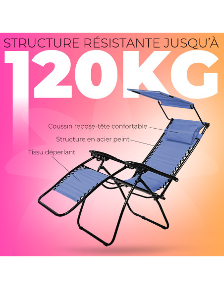 Chaise Longue Zéro Gravité Pliable avec Toit Pare-Soleil Inclinable en Textilène