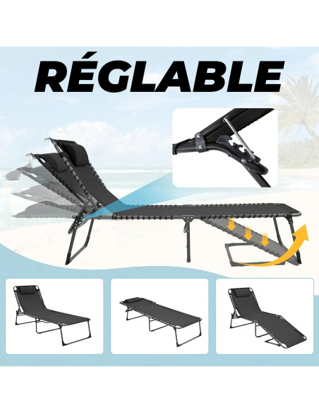 Transat en Textilène Design Cordonné, Pliable avec Dossier Inclinable.