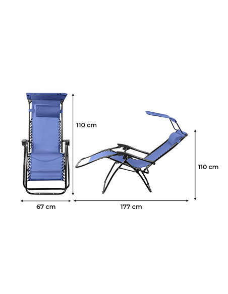 2 pièces Chaise longue Gravity Zero pliable et inclinable avec pare-soleil