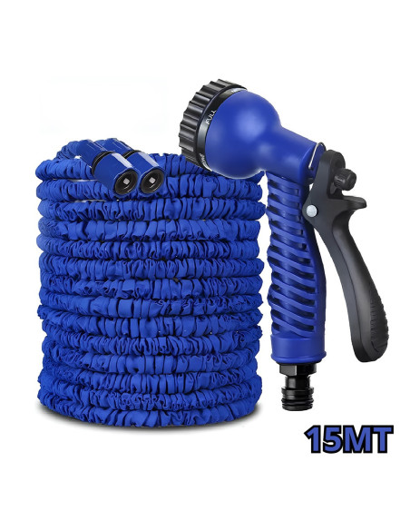 Tuyau d'arrosage extensible 15m avec pistolet 7 jets et raccord universel