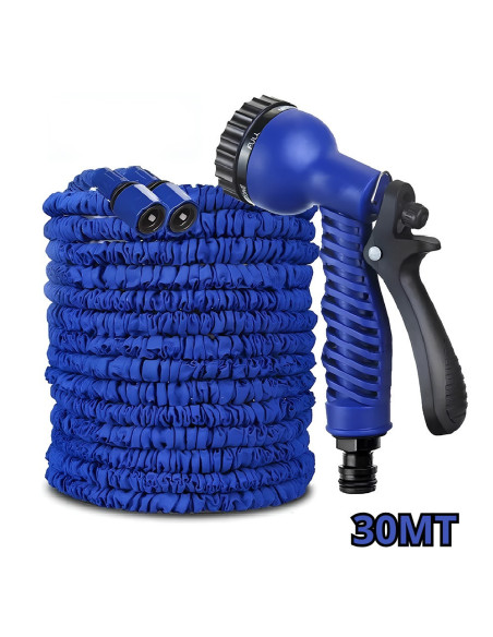 Tuyau de jardin extensible 30m, flexible, 7 jets, raccord universel.