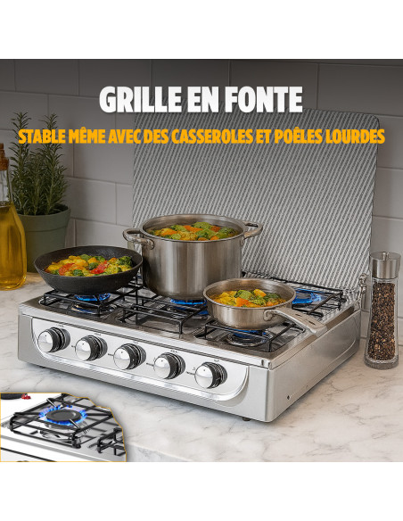 Réchaud à gaz portable 5 brûleurs acier couvercle verre trempé maison camping