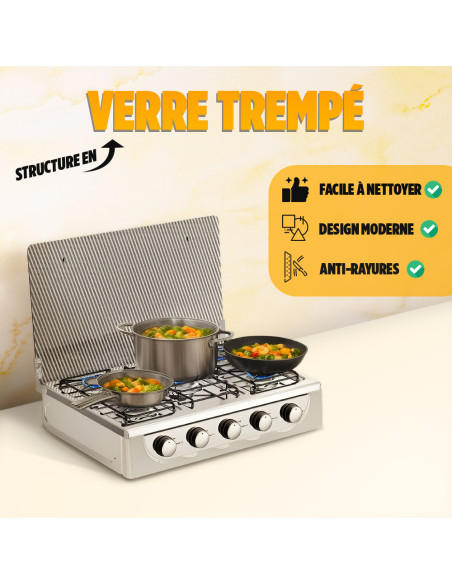 Réchaud à gaz portable 5 brûleurs acier couvercle verre trempé maison camping