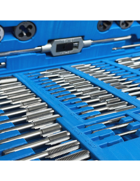 Kit professionnel 110 pièces : tarauds et filières métriques dans une mallette